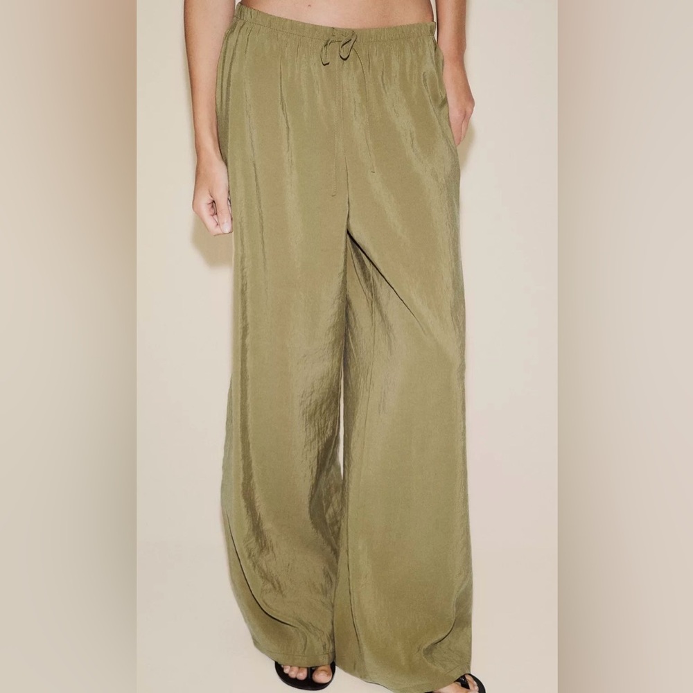 Zara Olive Green Wide-Leg Satin Pants